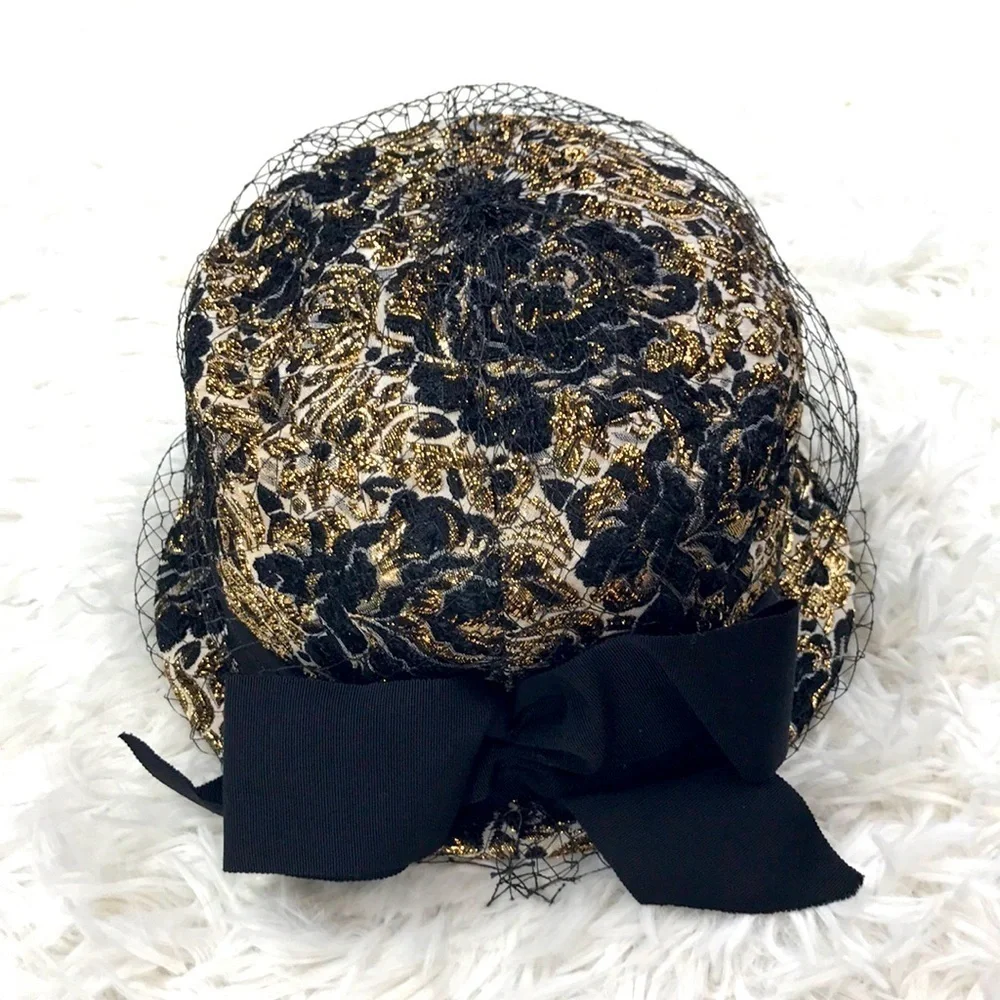 Vintage Roberta Bernay’s Veiled Gold Black Pillbox